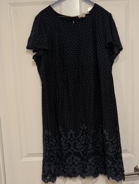 LOFT Navy Lace Shift Dress with Floral Hem